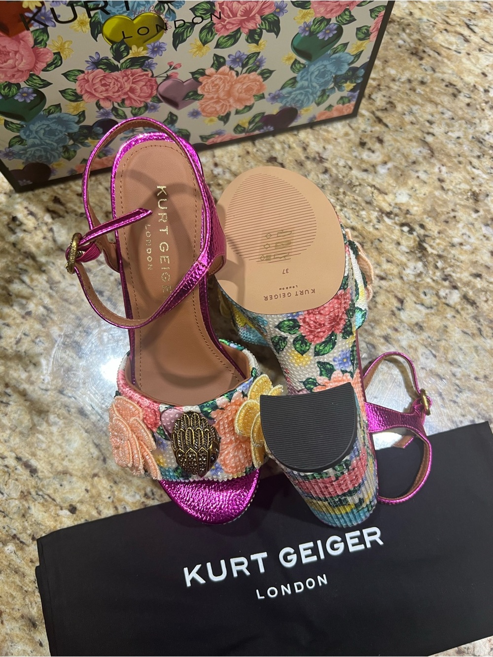 Kurt Geiger KENSINGTON Metallic Fuchsia Floral Beaded Platform Sandals 37 - Picture 16 of 16